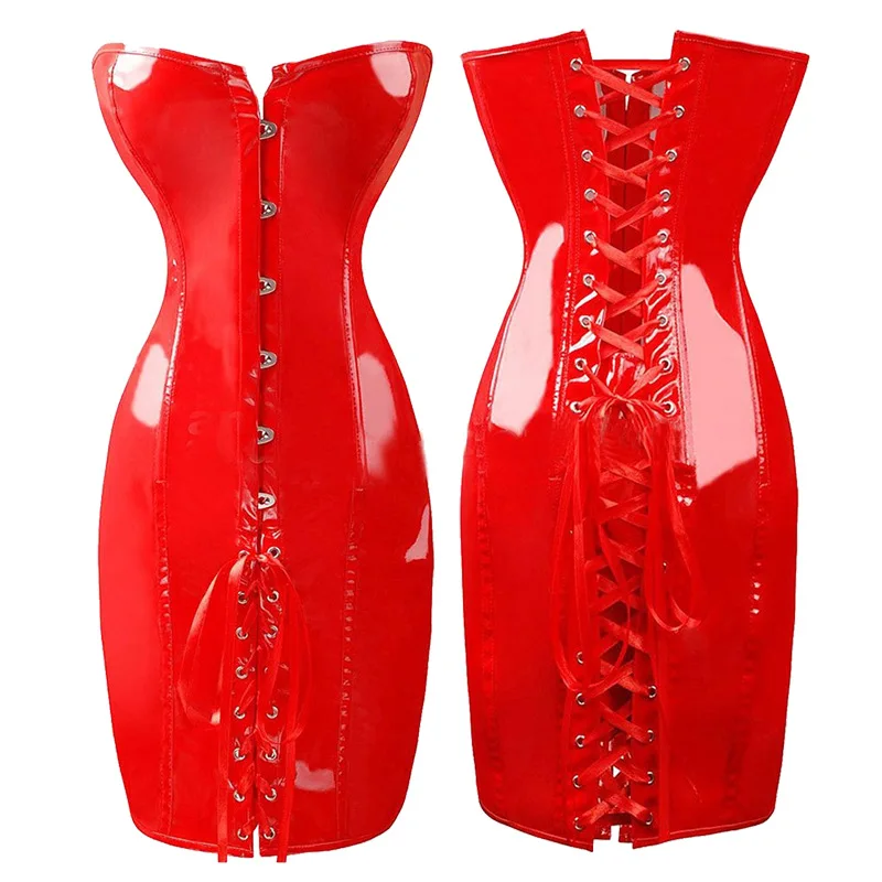 Kobiety Steampunk PVC Gorset Sukienka Body Slim PU Leather Gorset Gothic Punk Długi bez ramiączek Tors Bustier Club Winylowa sukienka lateksowa