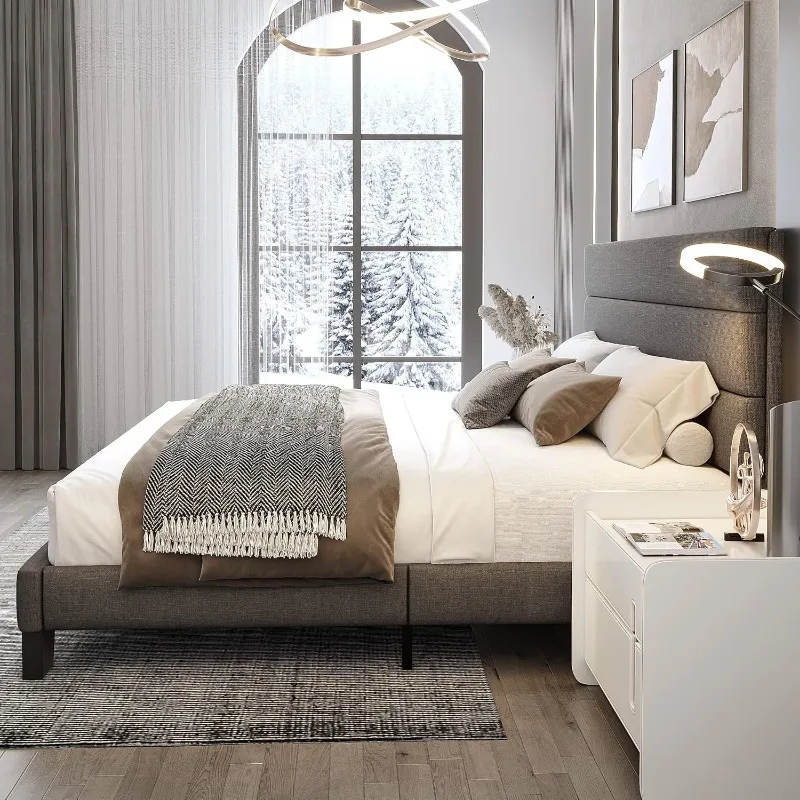 Bed Frame Platform Bed with Linen Fabric Upholstered Headboard and Wooden Slats Support Heavy Duty Mattress Foundation Dark Grey