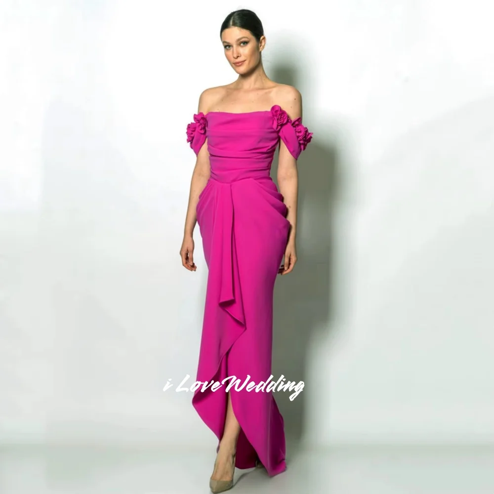 

Rose Pink Off the Shoulder Evening Dresses 2025 Strapless Flowers Pleated Mermaid Floor-Length Wedding Party Dresses Customized
