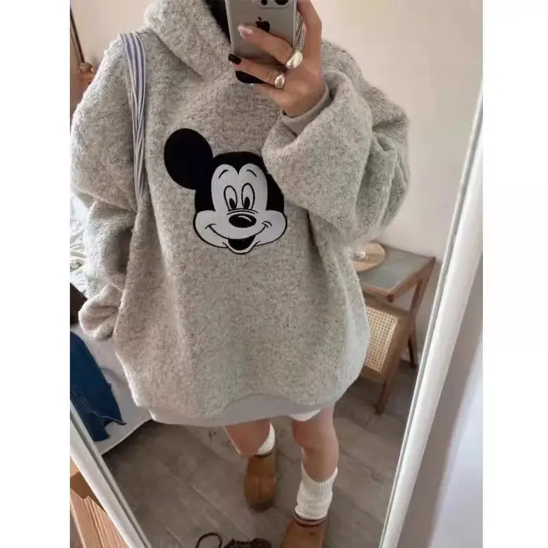 Disney Mickey Autumn Winter Niche Design Hoodies For Women Korean Version Trendy Plush Thickened Pullovers Loose Versatile Top