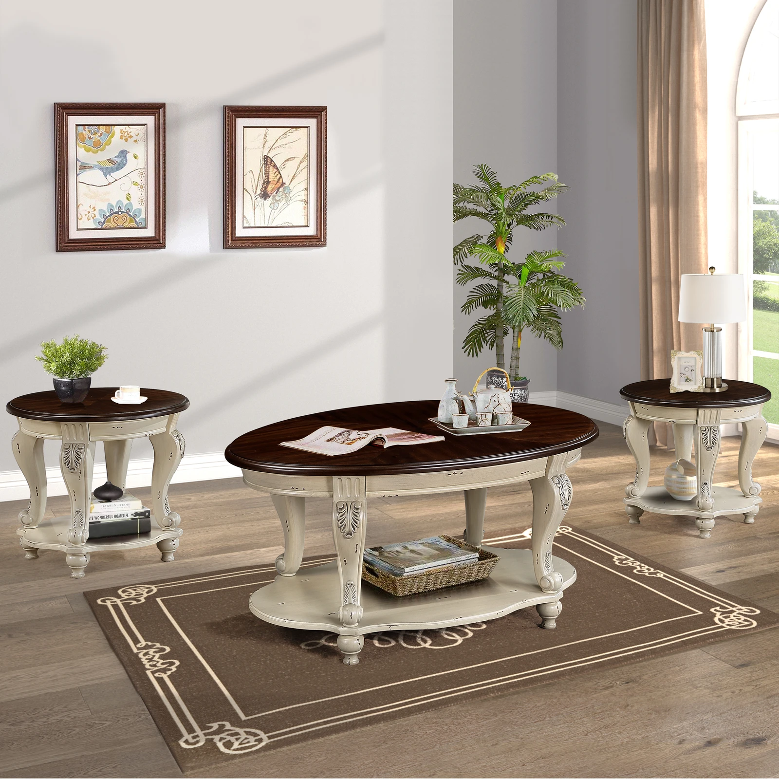 3 Pieces Table Set, Oval Coffee Table and 2 Round End Tables w/2 Tiers Storage