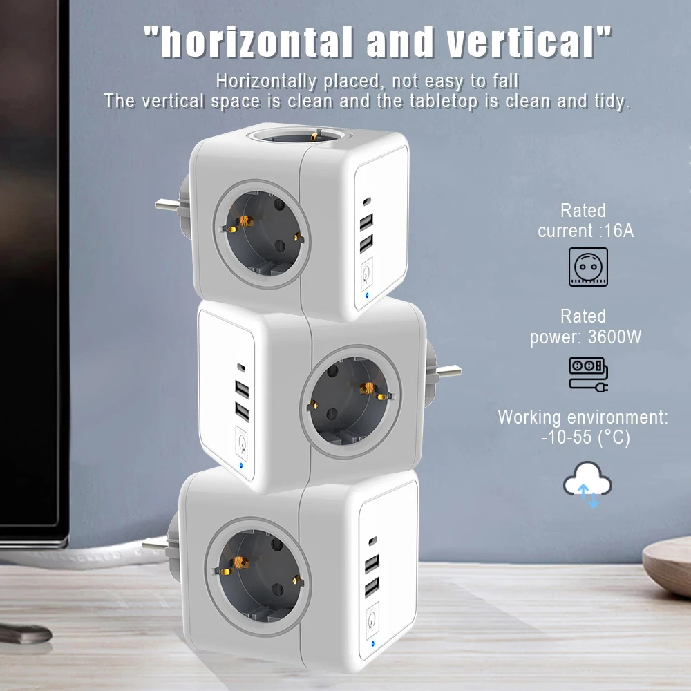 Power Strip Plug Extension Socket Power Cube USB  Outlets Eu Plug Terminal with Wall Adapter 250V with USB Type-C Multi Outlet