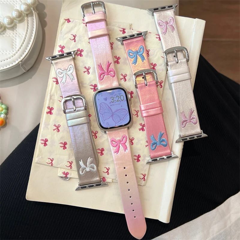 Cute Embroidered Bow Stylish Laser Leather Strap For Apple Watch 38 40 41 42 44 45 49 MM For iWatch Strap Series 9 8 7 6 5 Girls