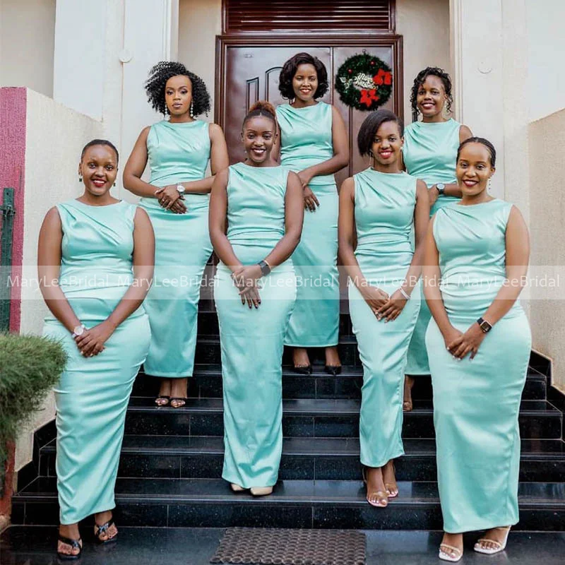 

Sage Green Bodycon Bridesmaid Dresses O-neck Sleeveless Pleat Satin Long Plus Size Wedding Guest Dress Christmas Party Gowns