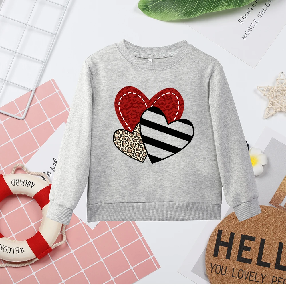 Pink High Quality Kids Sweatshirts O Neck Clothes Love Heart Print All-match Popular Trendy Child Hoodless Tops Sweater Dropship