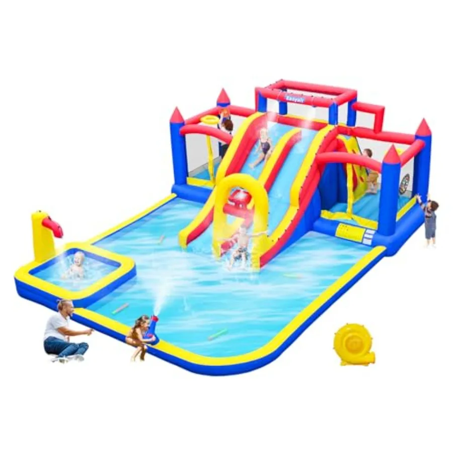 Outdoor large inflatable water slide for big kids: PVC material, blue and yellow, includes climbing wall, basketball hoop, boun