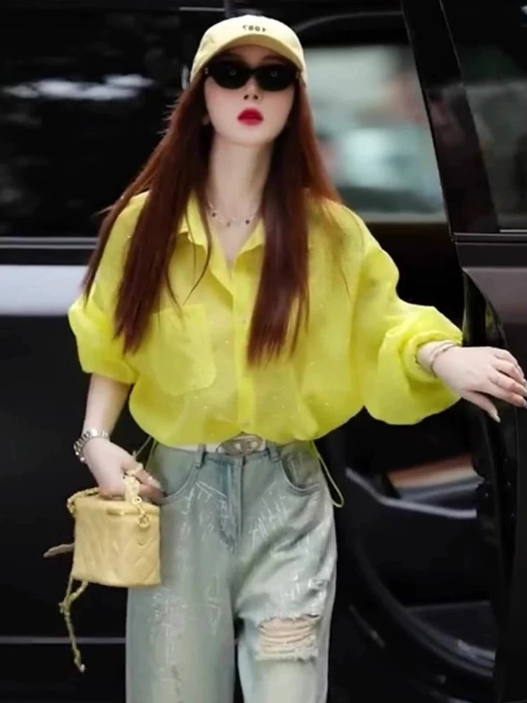 Faionable Yellow Lightweight Loose Sun Protection irt Breathable Thin  Collar Single Button Commute Sle Women's irt