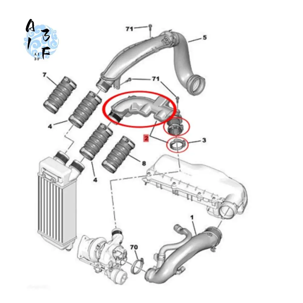 

A13F-Для 308CC 308 SW 3008 408 RCZ Citroen C3 C4 C4L C5 DS5 Труба воздушного обменника 1440J1 Впускная труба с турбонаддувом