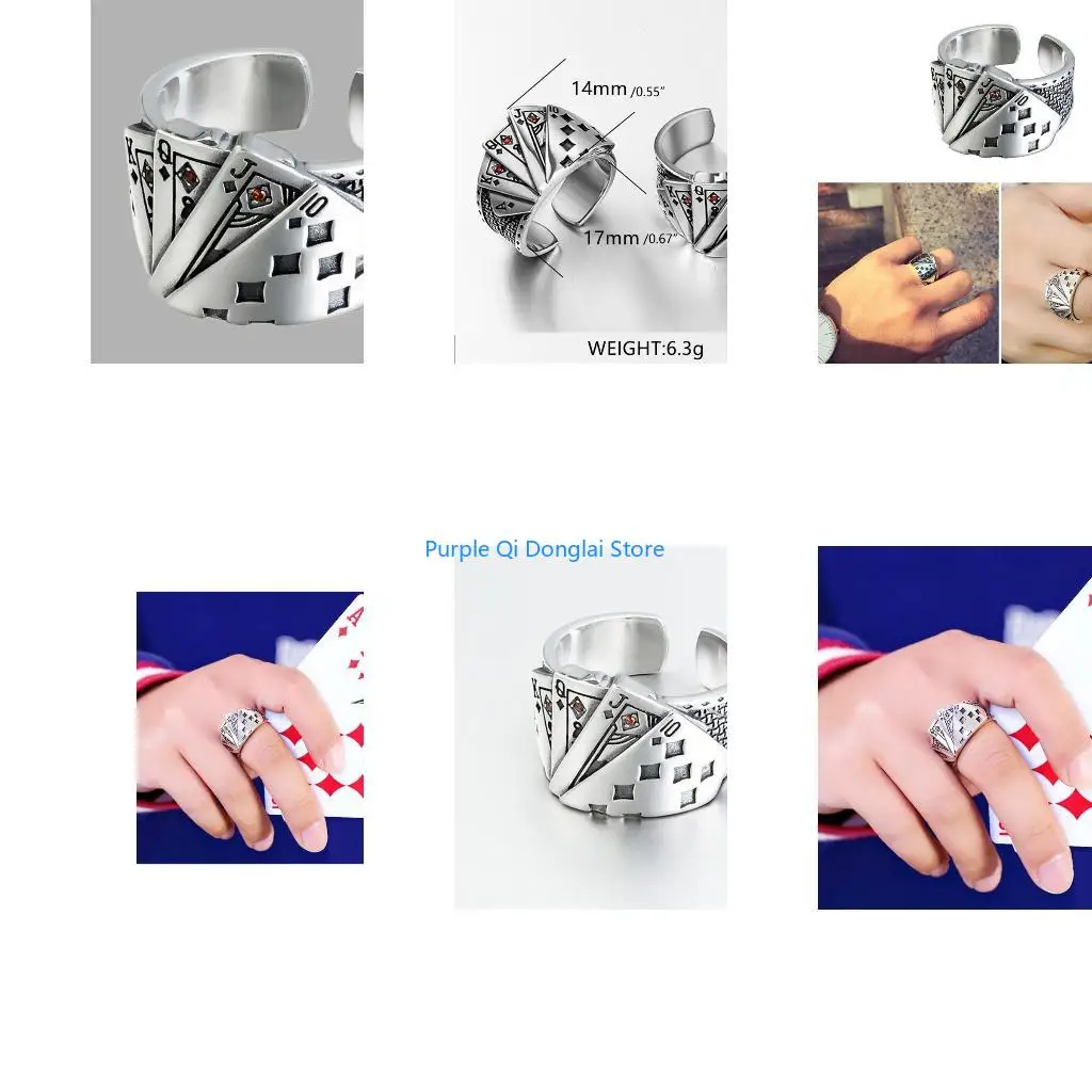 L21E Games Ring Playing Cards Statement Open Band Ring Vintage Gambling Punk Jewelry Adjustable for Women Men