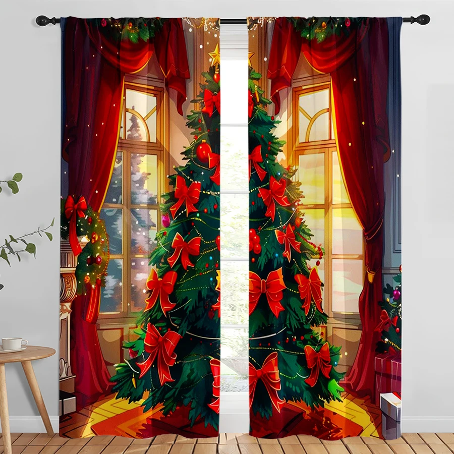 2PCS Digital Print Christmas Curtains, Red Curtain Window Tree Bows Gifts, Gorgeous Warm Window Drapes for Holiday Home Decor