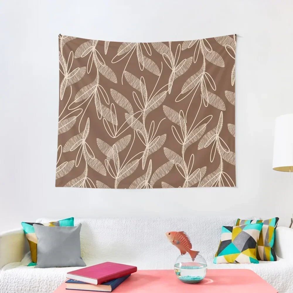 

Etched Leaves Floral Botanical Pattern in Chocolate Brown and Cream Tapestry Aesthetic Room Decors Decoration Wall Tapestry