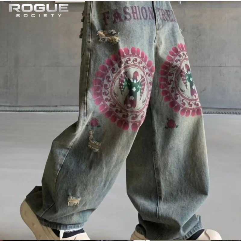 American Y2K Vintage Graffiti Jeans Unisex Distressed Print Loose Wide Leg Denim Pants Streetwear Grunge Retro Trousers Harajuku
