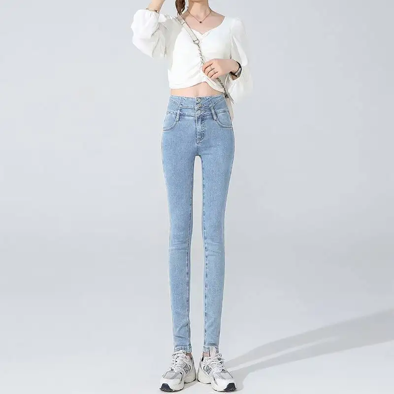 

Women's Light Blue High Waist Skinny Jeans 2026 New Spring Slim Fit Stretch Denim Pants Casual Pencil Trousers