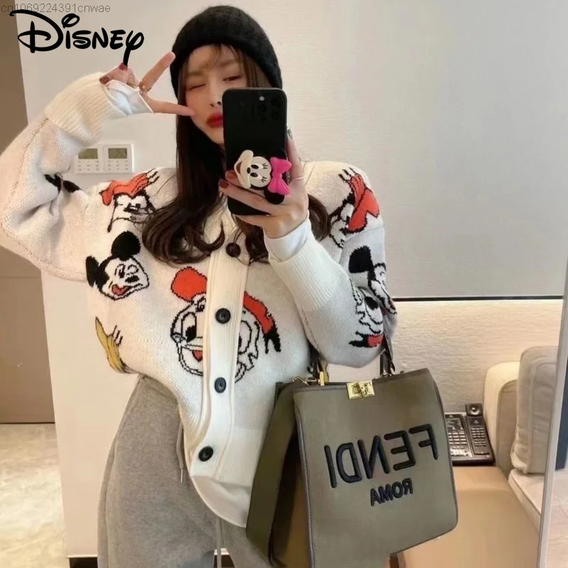 Disney Mickey Mouse Cardigan Sweater For Women New In Korean Style Fashion Chic Fall Winter Knit Clothes Female Kawaii Anime Top