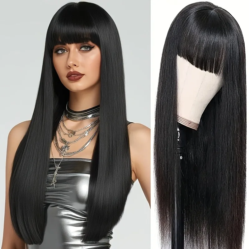 26 Inch Black Straight Synthetic Wig with Bangs, High Density - Natural Looking, Great for Women, Perfect for Daily Wear, Music image 2