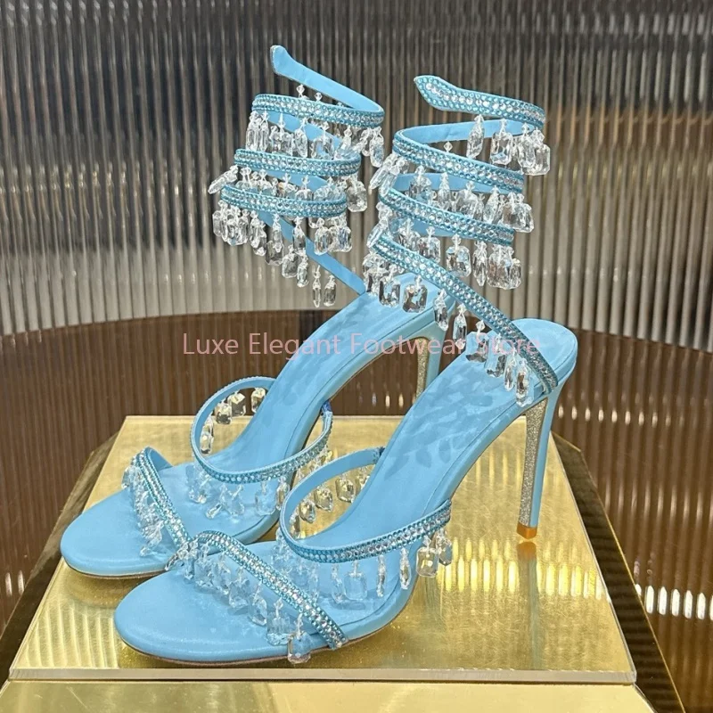 Purple Rhinestone Tassel Snake Twine Stiletto Sandals Women Patchwork Crystal Slingback High Heels Luxury Fashion Party Shoes