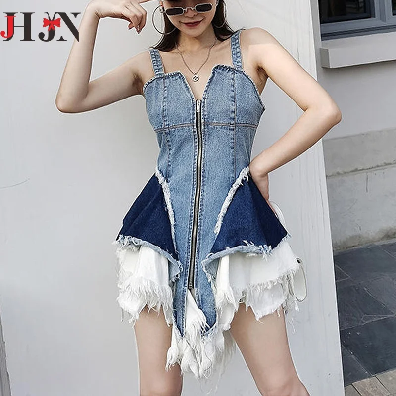 

JHJN 2025 Fashion Women's Vest Dress V-neck Slim Patchwork Denim Zipper Ruffles Irrrgular Spaghetti Strap Dresses Summer