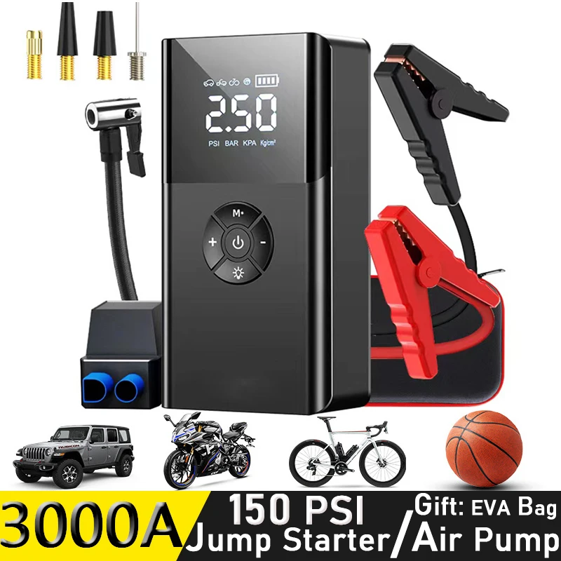 

3000a Emergency Car Jumper Auto Compressor Power Bank 150 Psi 12v Portable Powerbank Battery Booster Jump Starter With Air Pump