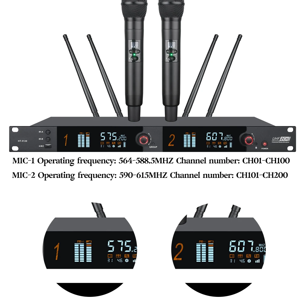 Paulkitson HT-5120 Professional 2-channel True Diversity Wireless Microphone 564~615MHz Stage Performance Handheld Microphone