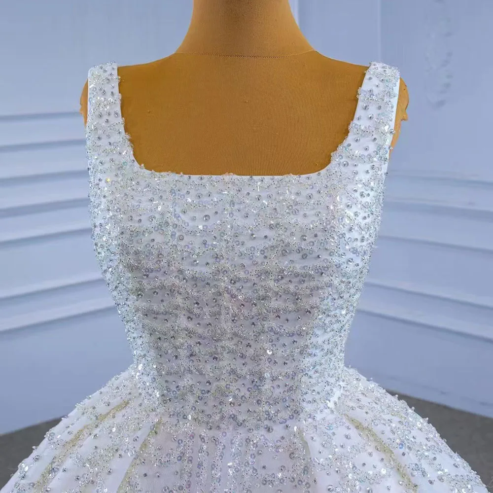 Luxury Wedding Dress Square Collar Sleeveless Lace Up Back Sequined Ball Gown Robe De Mariée