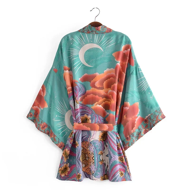 Boho Queens Women Floral Print Bat Sleeve Beach Bohemian Kimono Dresses  Ladies V Neck Rayon Cotton Short Robe Kimono