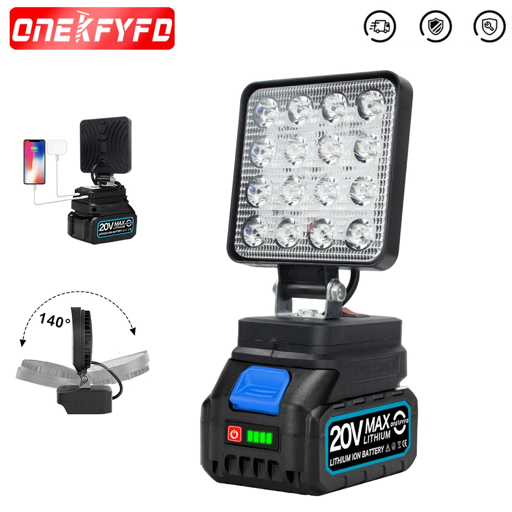 Cordless LED Work Light for 18V Lithium-Ion Battery Cordless Flood Light with 2 USB Charging Port for Outdoor Work Fishing