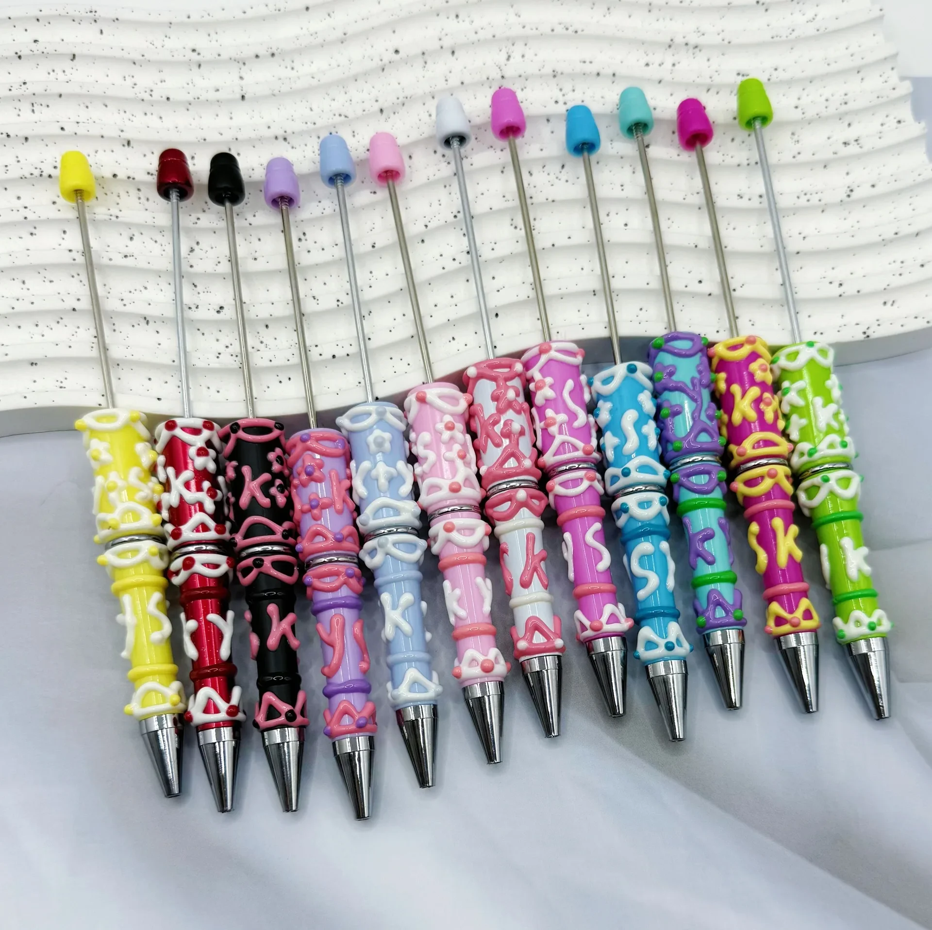 40Pc Creative Hand Drawn Plastic Bead Pen Cream Glue Beaded Decorative Ballpoint Pen School Office Making Gift Pens Supplies