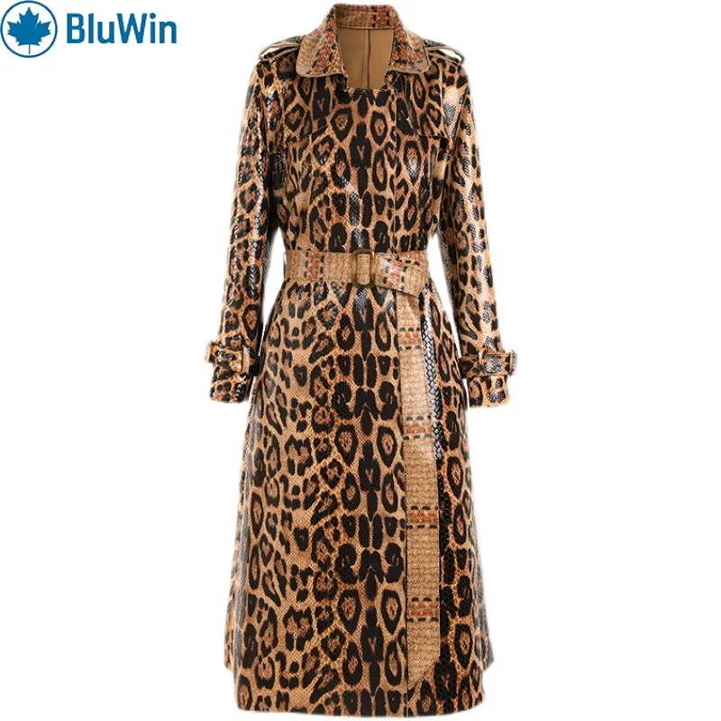 

BluWin 2025 Spring Fall Snake Leopard Long Trench Coat Goddess Long Sleeve Leather Jacket Women Dress
