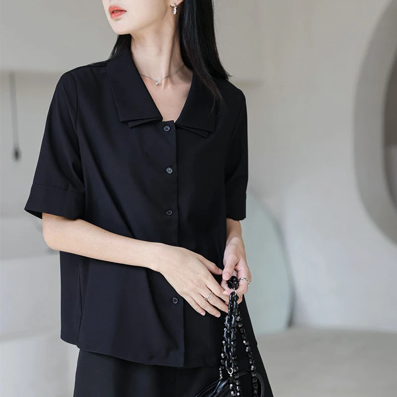 Y2K Double Collar Chiffon Shirt Korean Fashion All Match Women Half Sleeve Tops Summer Casual Office Ladies Black Blouse