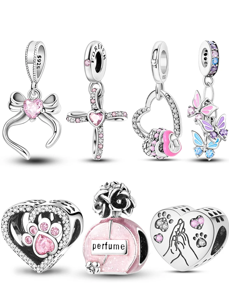 Breloques originales en argent Sterling 925, série rose, perles, bouteille de parfum, pendentif croix en forme de cœur, idéal pour Bracelet, bijoux à faire soi-même