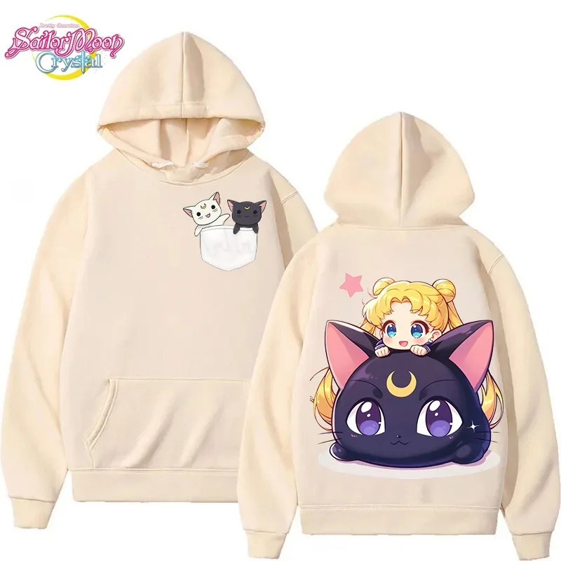 Sailor Moon Cute Cat & Chibi Tsukino Usagi Hoodie Musim Gugur Musim Dingin Kawaii Anime Print Sweatshirt Longgar Kasual Hooded Coat untuk Wanita