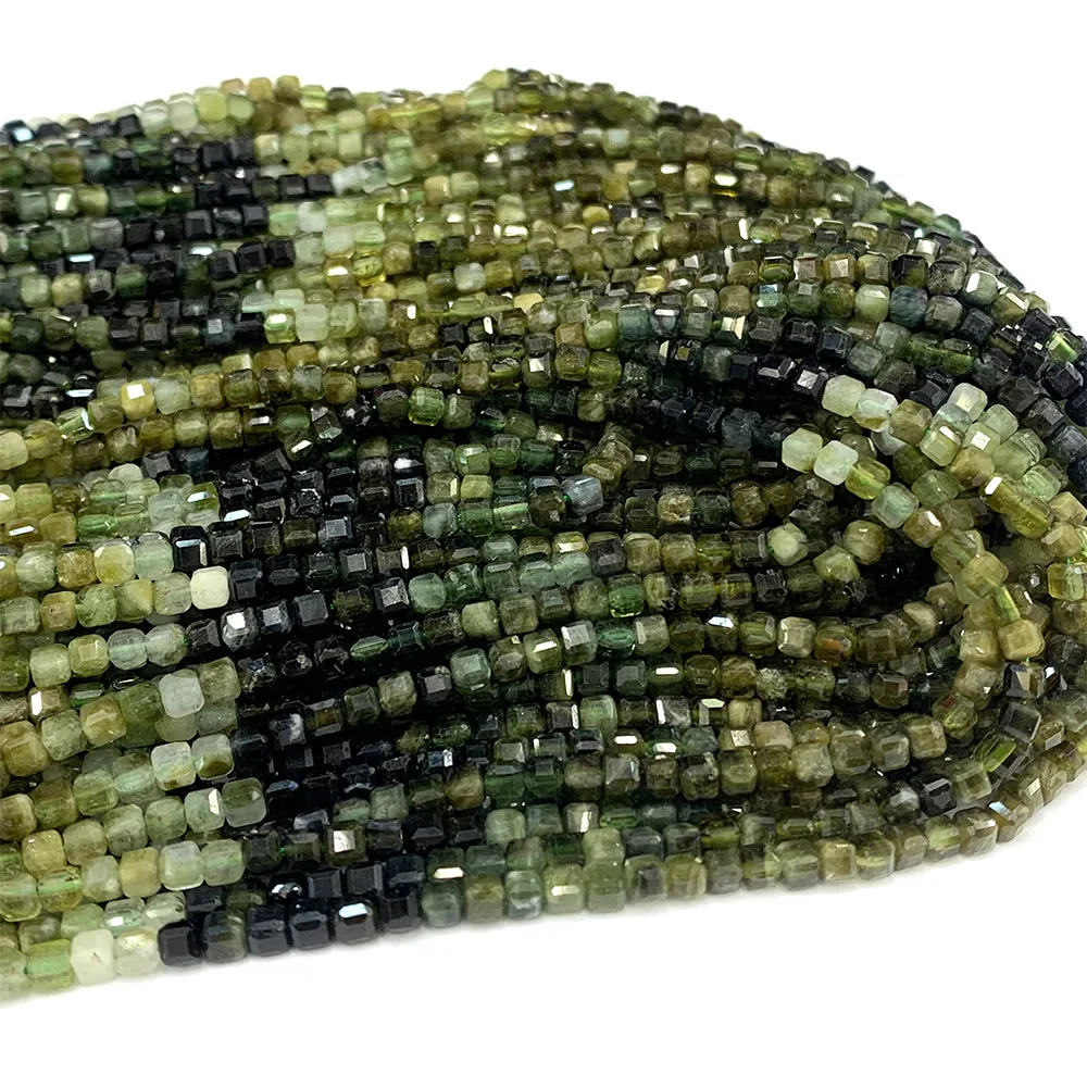 Veemake Natural Green Tourmaline Edge Cube Faceted Small Jewelry Design Necklaces Bracelets Loose Beads 08353