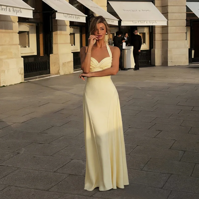 

SKMY Elegant Temperament Party Dress Fashion Pleated Sexy Sleeveless Solid Color Waist Cinched Suspender Dress Women Clothing