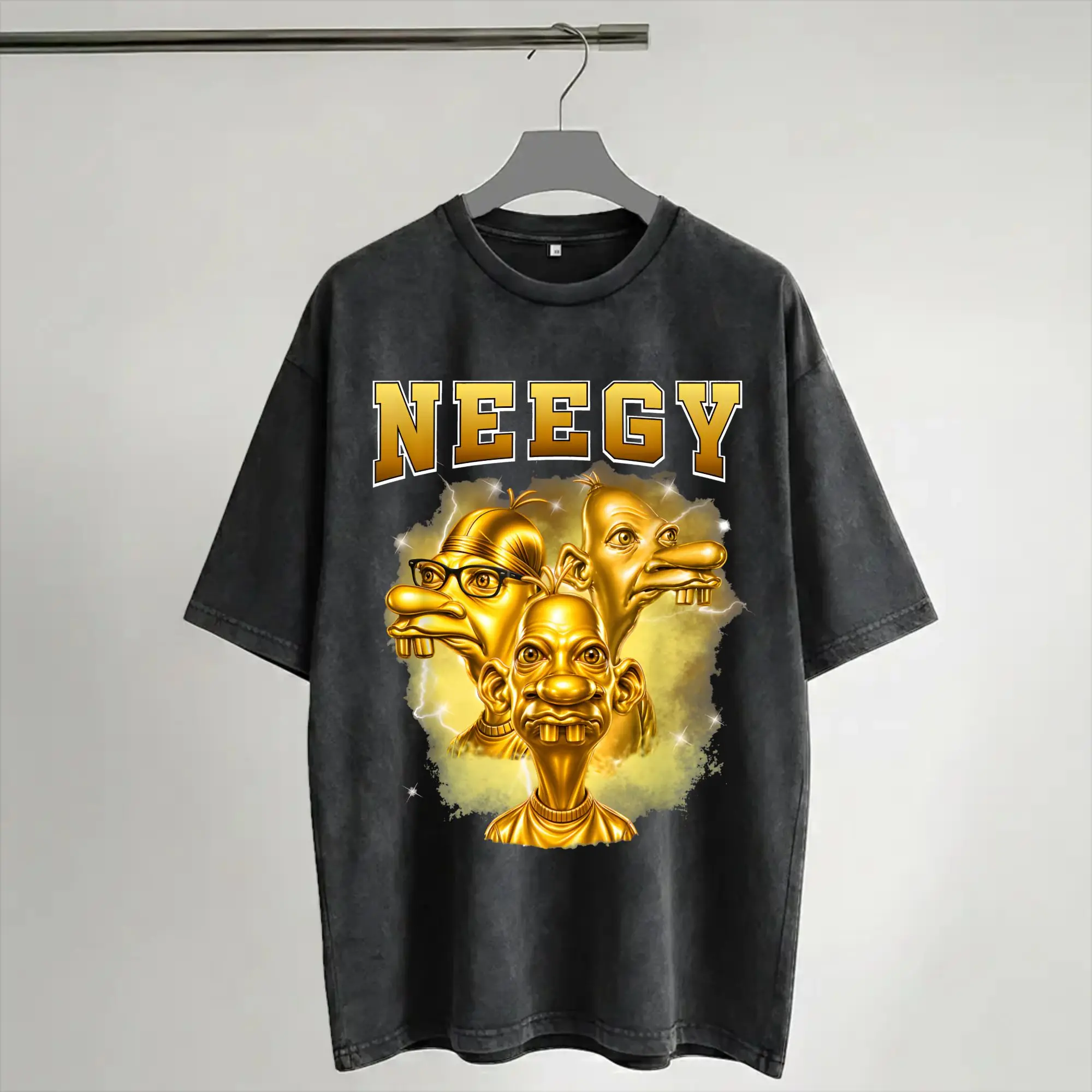 Harajuku Washed Shirt Golden Neegy Meme Funny Internet Brainrot Gen Z Humor Outfit Fashion T-Shirts High Street  Streetwear