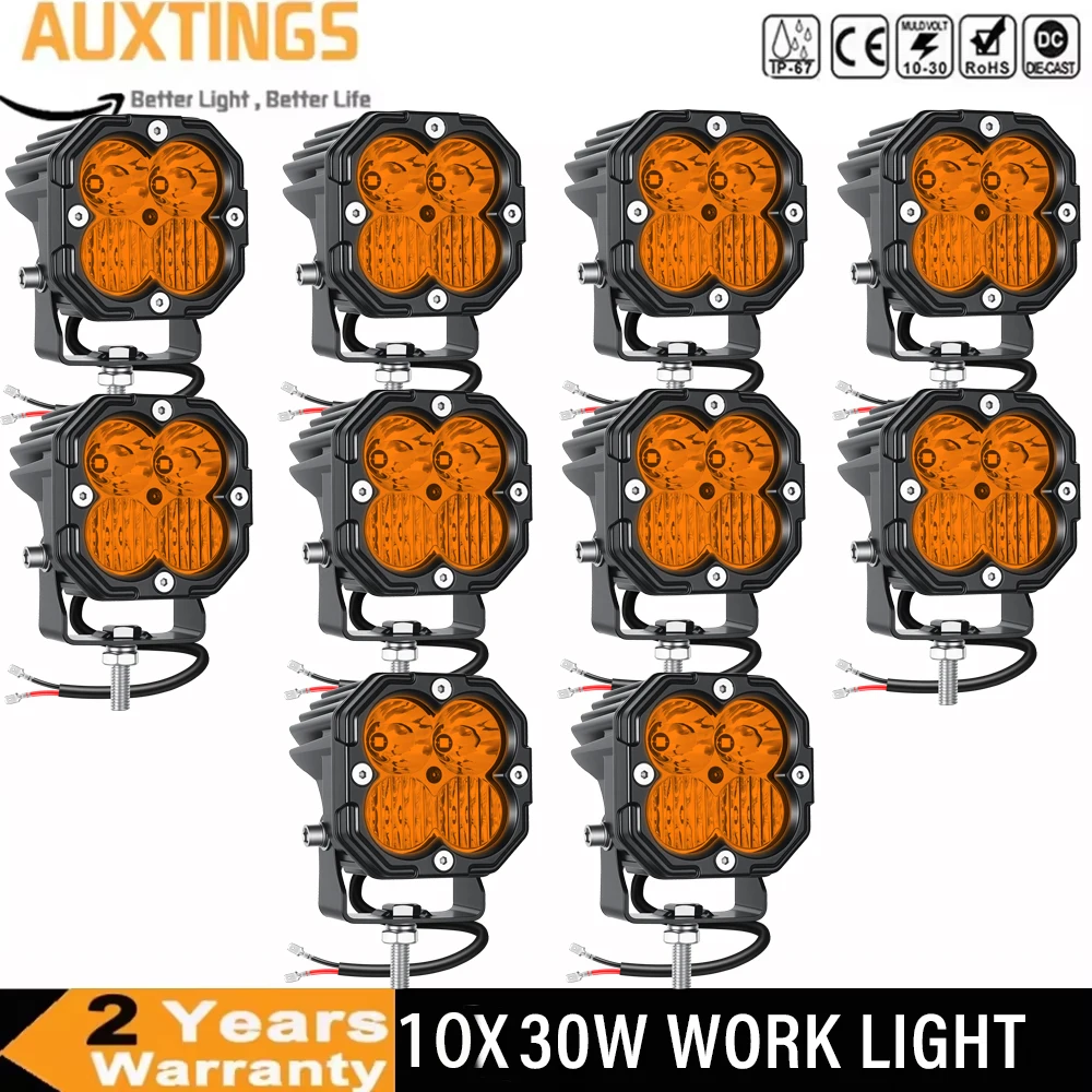 

10 x 3'' 30W Amber/Yellow/White 3 Colors Cube LED Pod Light,Spot Flood Combo Beam Off-Road Driving Lamp for UTV SUV Motorcycle