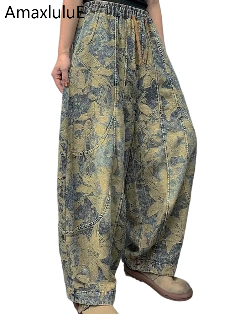 

Amax LuluE Korean Winter Fashion Jeans Womens Vintage Leisure Printed Denim Pants Females Classic Loose Elastic Waist Trousers