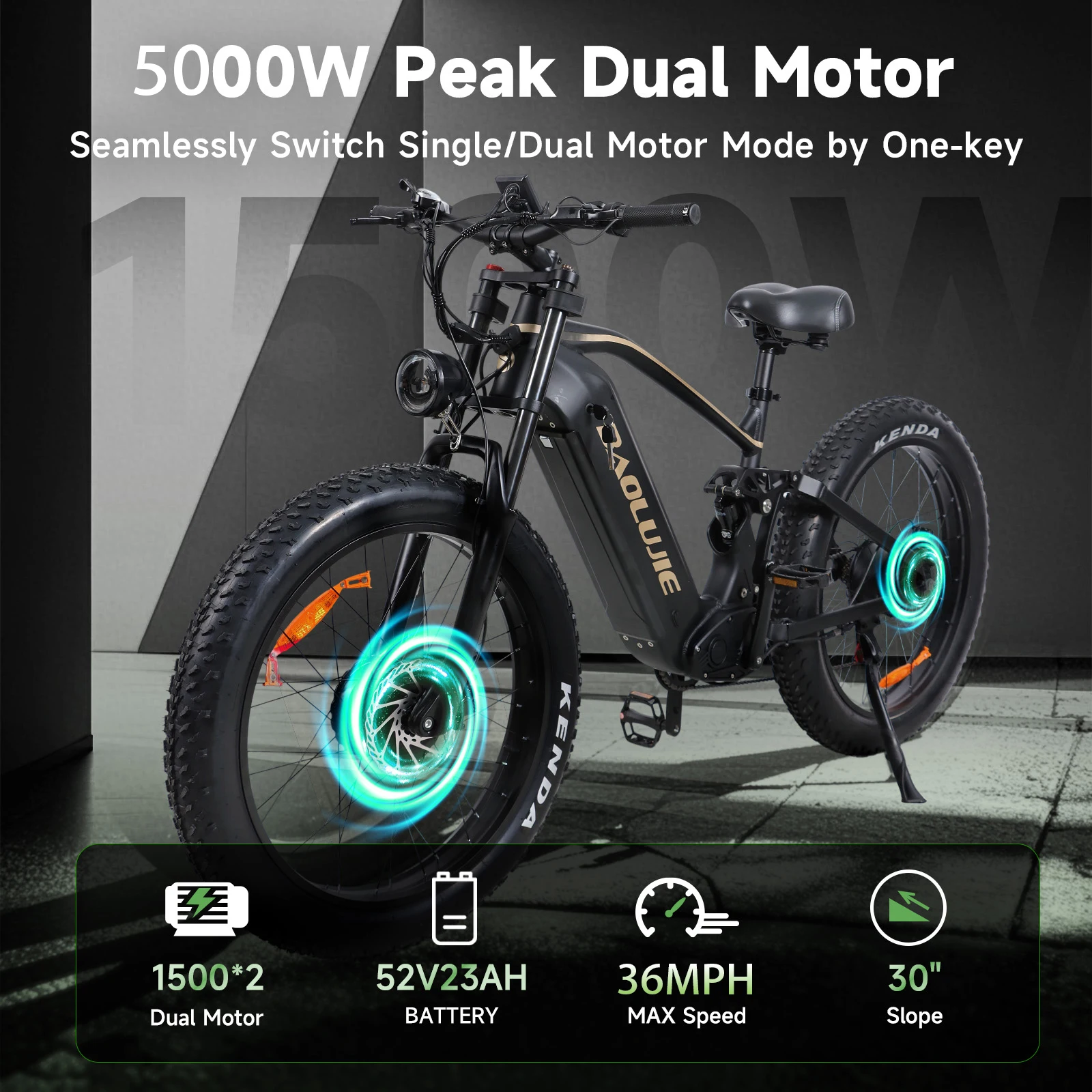 BAOLUJIE P2 Electric Bike for Adults，Long Rang 90 Miles Electric Bicycle，Peak 5000W Dual Motor 52V 23AH E bike，Max Speed 36 MPH