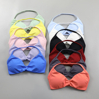 Impact Strappy Bra Women Low Support Ruched Halter Sports Bra Sexy Open Back Gym Crop Top Padded Seamless Workout Yoga Tank Tops