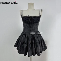 REDDACHiC Summer Daisy Black Satin Mini Dress Women Lace Trim Square Neck Cami Floral Jacquard Desire One-piece Vintage Clothes