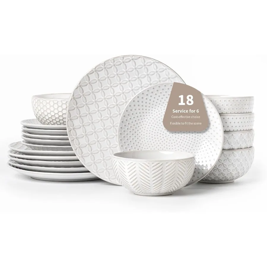 

Наборы столовой посуды с тиснением из 18 предметов для 6 устойчивых к царапинам тарелок и мисок. Элегантная каменная посуда, которую можно мыть в посудомоечной машине.