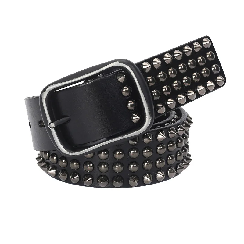 Real Leather Pin Belt Male Black Rock Genuine Leather Cowhide Luxury Punk Belt Jeans Designer Brand Belt Men Rivet