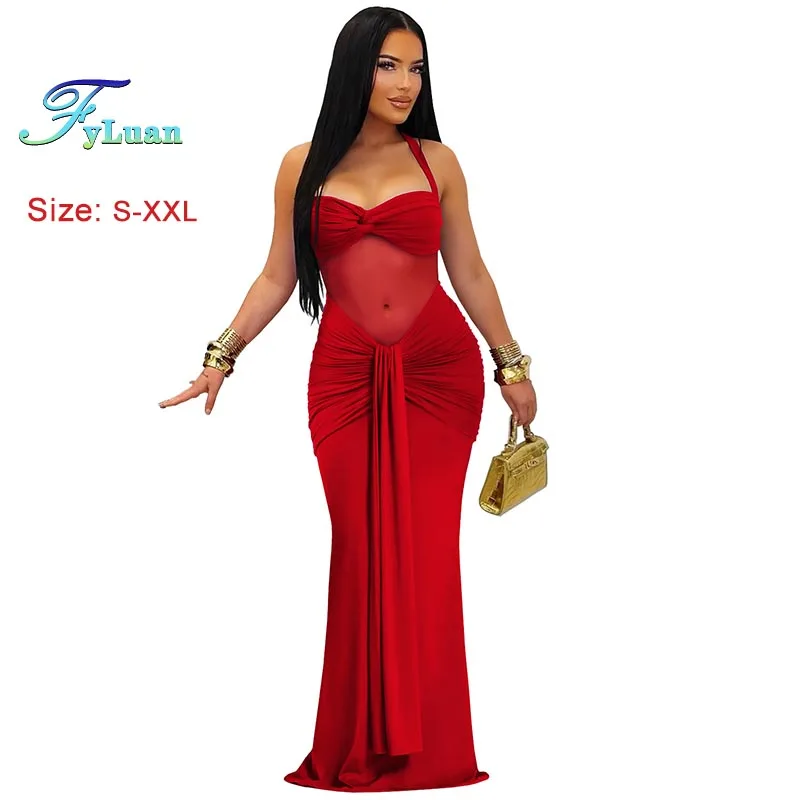 New Fashion Women Clothing Sexy Nightclub Party Long Dress Sheer Mesh Halter Dress Solid Color Sleeveless Backless Cocktail Gown