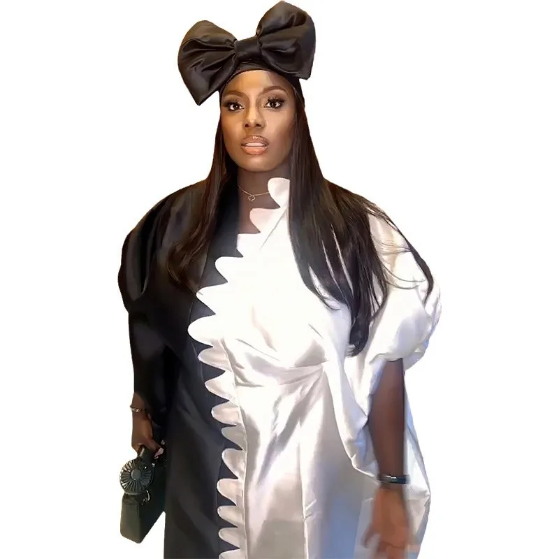 Abito da donna a blocchi di colore in raso africano taglie forti Medio Oriente Abito lungo in stile musulmano etnico