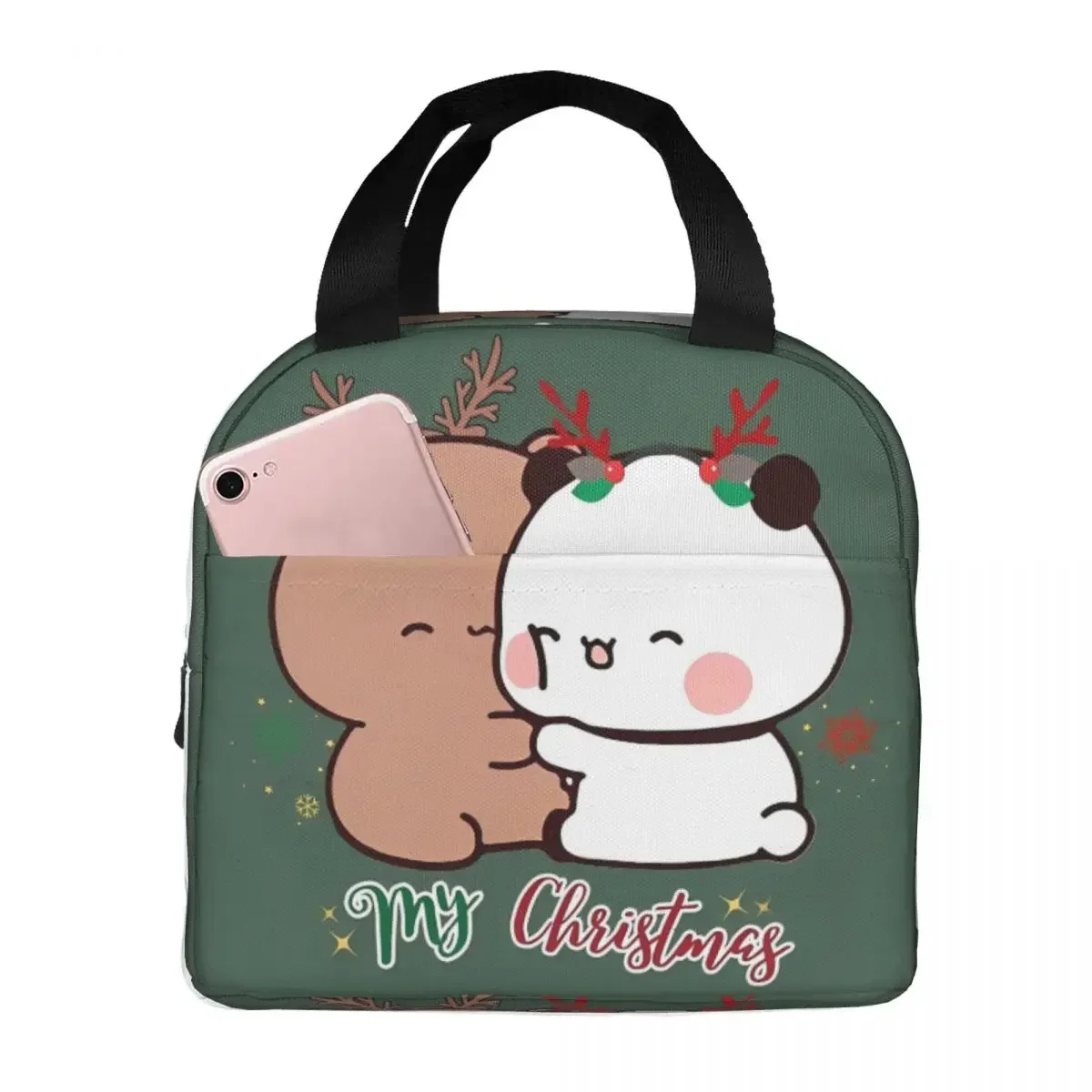 BuBu Panda DuDu Bear Christmas Love Insulated Lunch Bag Cooler Bag Lunch Container Xmas Cute Tote Lunch Box Food Storage Bags