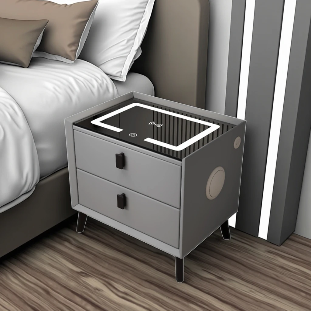 Nowoczesny inteligentny stolik nocny z ekranem dotykowym, oświetleniem LED i szufladą do przechowywania, meble do sypialni.