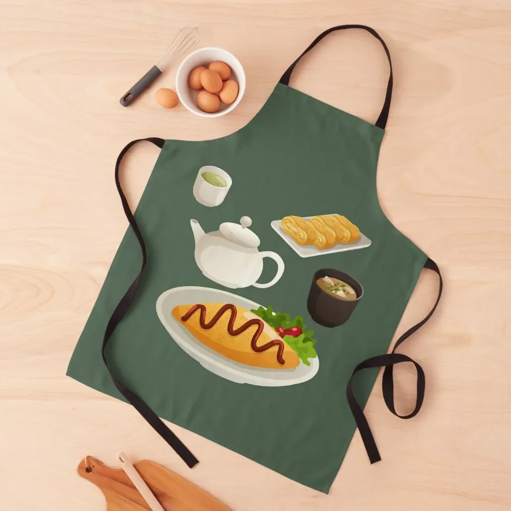 

Japanese Omurice Rice Omelet with Miso Soup,Tamagoyaki and Sencha Apron Home Utensils Chef Accessories Apron