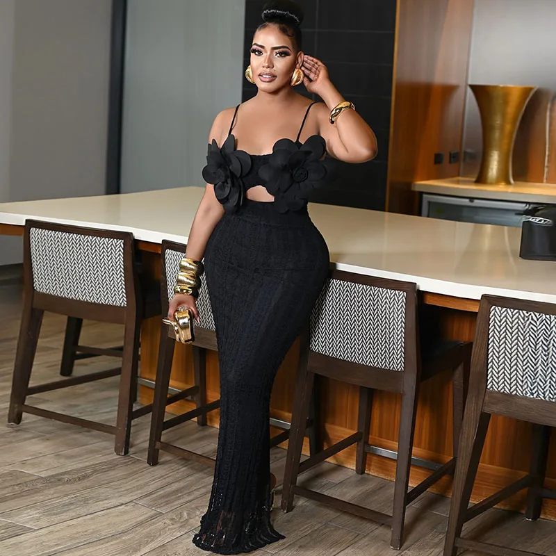 Doyerl Spaghetti Strap Appliques Party Long Dresses Women Birthday Nightclub Celebrity Slim Prom Bodycon Maxi Dress Elegant view 4