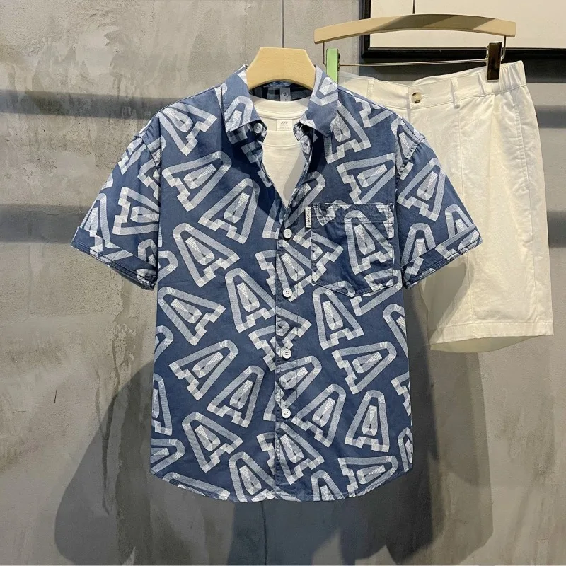 2024 Summer New Boyfriend Spliced Square Collar Button Pocket Letters Slim Fit Fashion Comfortable Casual Short Sleeved Shirts