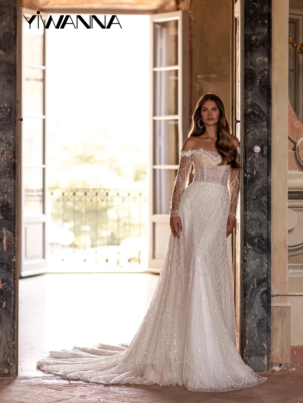 

New Arrival Sparkly Beaded Pearls Wedding Dress Graceful Off Shoulder Bridal Gown Customized A-line Long Dresses For Bride