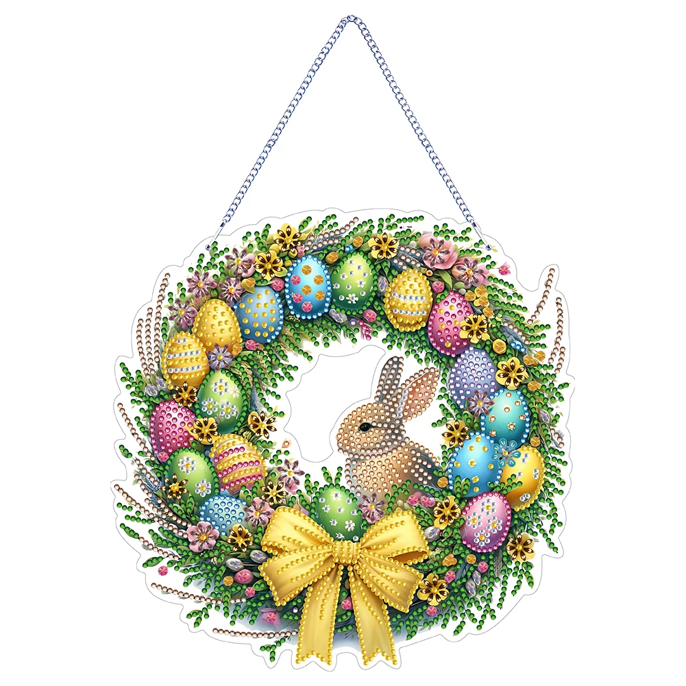 Single Sided Diamond Art Hanging Pendant Handmade Easter Wreath Diamond Painting Hanging Pendant Chicken Rabbit for Office Decor